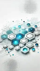 DALL·E 2025 02 05 13.06.55 A futuristic high tech background with a white base and hexagonal geometric elements. The hexagons should have a combination of blue and cyan gradien